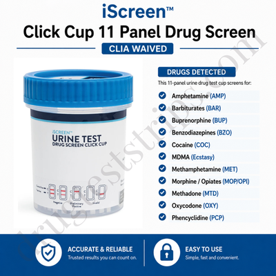 iScreen™ Click Cup 11 Panel Drug Screen | Abbott  | Amphetamine, Barbiturates, Buprenorphine, Benzodiazepines, Cocaine, MDMA, Methamphetamine, Morphine / Opiates, Methadone, Oxycodone, Phencyclidine | ABTDOAW111701A  25/Box