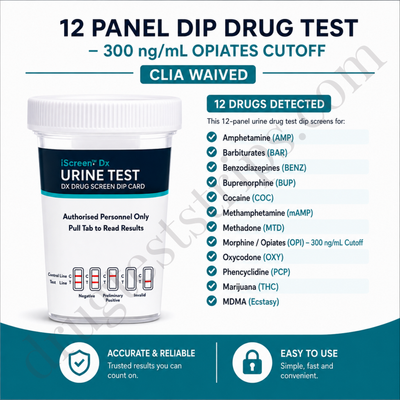 iScreen™ Dx Drug Screen Dip Card-12 Panel Urine Drug Test Dip – CLIA Waived|Abbott|Amphetamine,Barbiturates,Benzodiazepines,Buprenorphine,Cocaine,Methamphetamine,MDMA,Methadone,Morphine/Opiates,Oxycodone,Phencyclidine,Marijuana| ABTDOAW112402B  25/Box