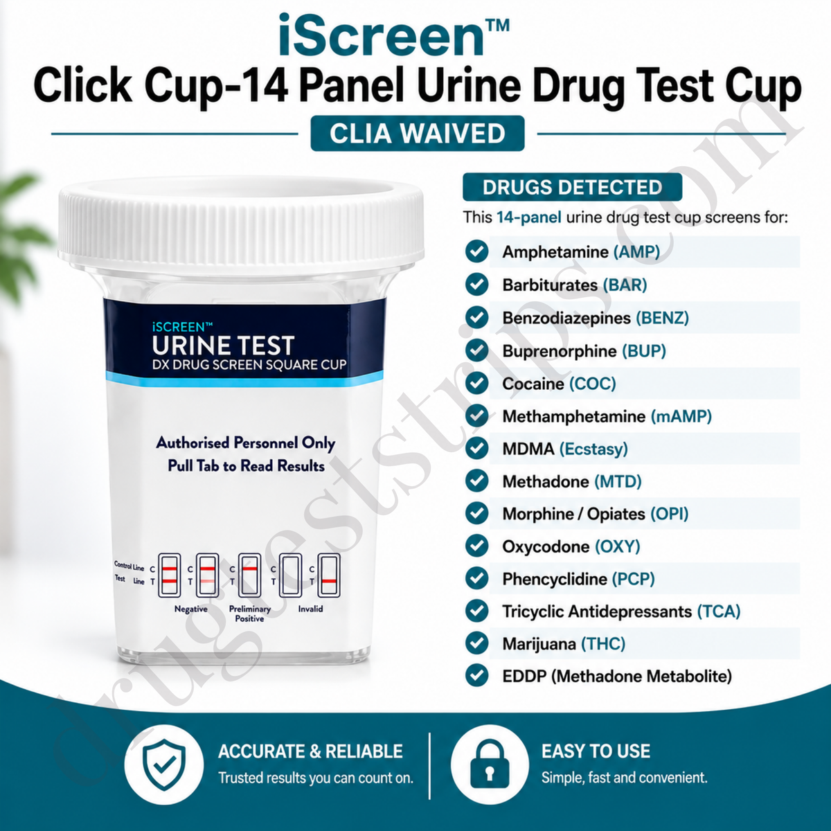 iScreen™ Click Cup-14 Panel Urine Drug Test Cup – CLIA Waived  |  Abbott  | AMP, BAR, BENZ, BUP, COC, mAMP, MDMA, MTD, OPI, OXY, PCP, TCA, THC, EDDP |  ABTDOAW114701A  25/Box