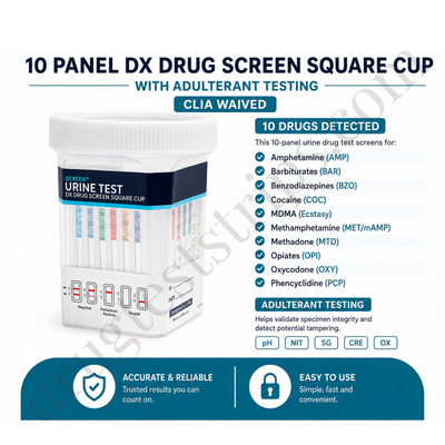 iScreen™ Dx Drug Screen Square Cup 10 Panel with Adulterant Testing |  Abbott |  Amphetamine, Barbiturates, Benzodiazepines, Cocaine, MDMA, Methamphetamine, Methadone, Opiates, Oxycodone, Phencyclidine | ABTDUAW110705E  25/Box