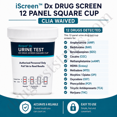 iScreen™ Dx Drug Screen-12 Panel Square Cup – CLIA Waived |  Abbott  | Amphetamine,Barbiturates,Benzodiazepines,Cocaine,Methamphetamine,Methadone,Morphine / Opiates,Oxycodone,Phencyclidine,Tricyclic Antidepressants,Marijuana | ABTDUAW112701A  25/Box