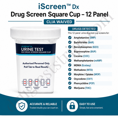 iScreen™ Urine Test Dx Drug Screen Cup (12 Panel) |  Abbott | Amphetamine, Barbiturates. Benzodiazepines, Buprenorphine, Cocaine, Methamphetamine, MDMA (Ecstasy) Methadone, Opiates, Oxycodone, Phencyclidine, Marijuana | ABTDUAW112702B 25/Box
