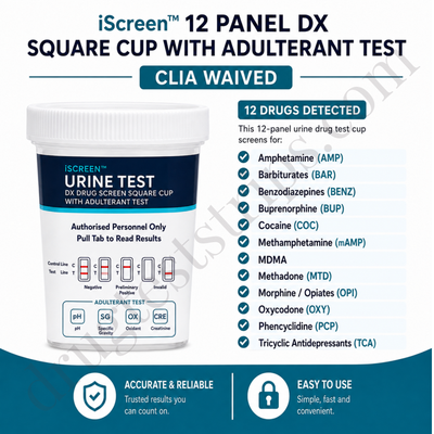 iScreen™ 12 Panel Dx Drug Screen Square Cup with Adulterant Test | Abbott | AMP, BAR, BUP, BZO, COC, MDMA, MET/mAMP, MOP/OPI, MTD, OXY, PCP, TCA | ABTDUAW112704D  25/Box