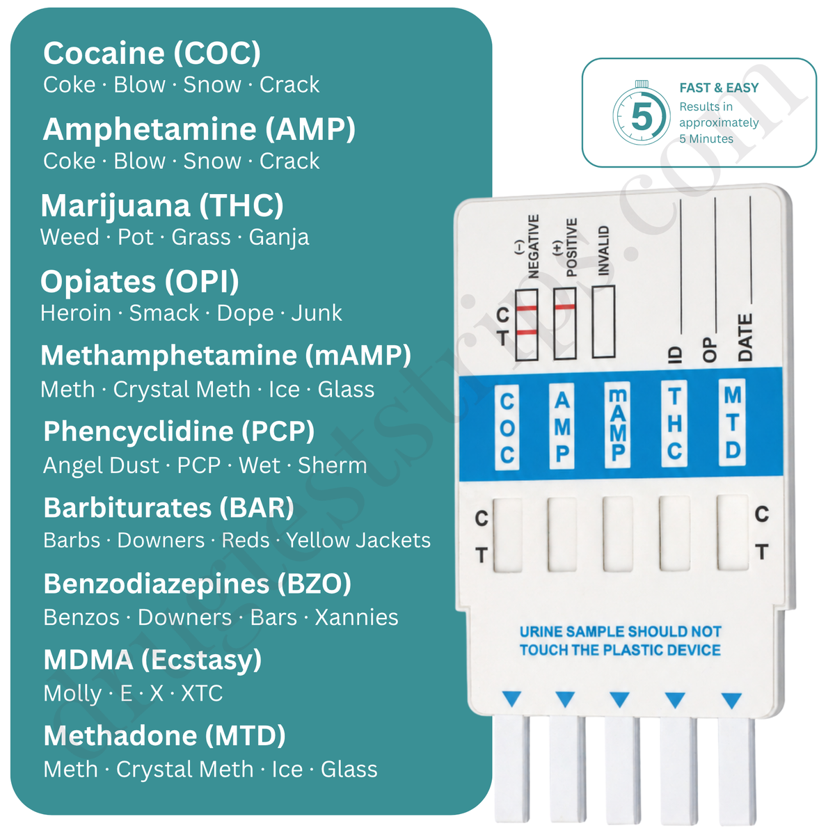 10-Panel Urine Drug Test Card for Cocaine, Amphetamine, Methamphetamine, Marijuana, Methadone, Opiates, Phencyclidine, Barbiturates, Benzodiazepines, and Tricyclic Antidepressants   |  Abbott  DOA-1104   25/Box