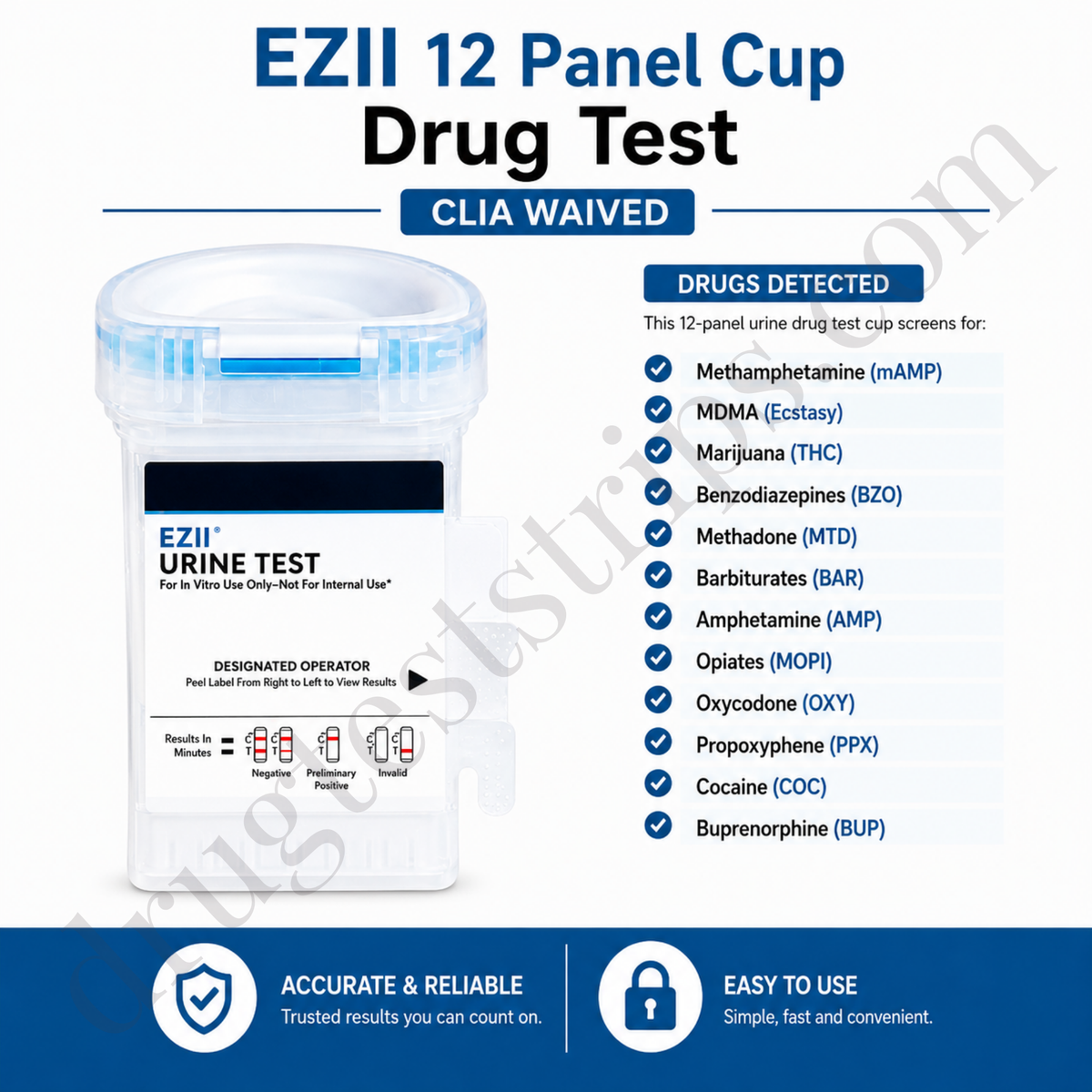 EZII 12 Panel Cup Drug Test 12 Panel Drug Test Cup for mAMP/MDMA/THC/BZO/MTD/BAR/AMP/MOPI/OXY/PPX/COC/BUP |  Abbott DOA-1127-041-19 25/Box
