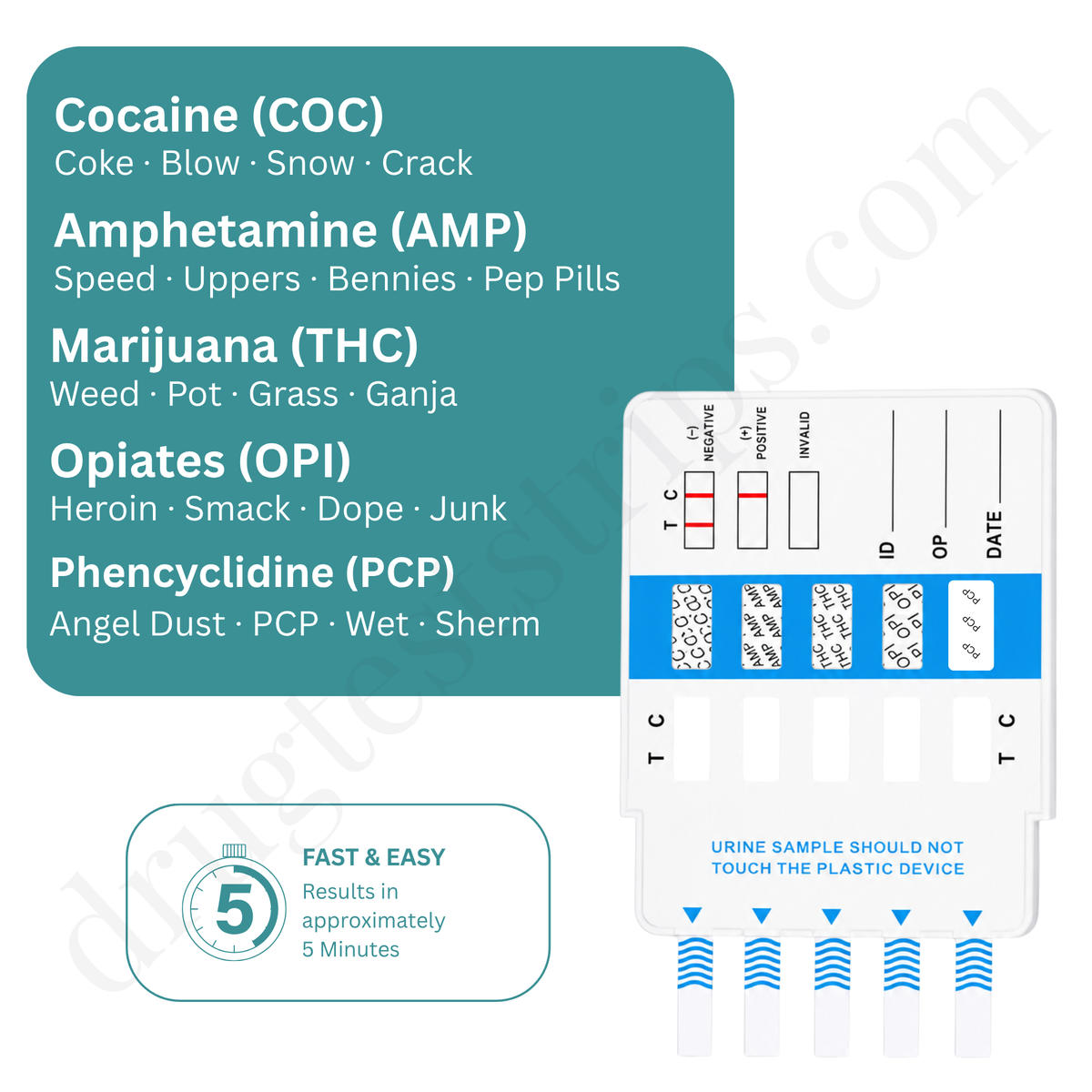 5 Panel Drug Test Card for COC/AMP/THC/OPI/PCP |  Abbott  DOA-154  25/Box