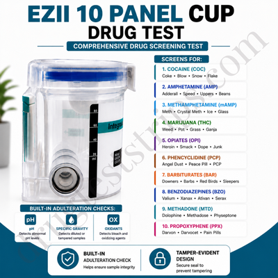EZII 10 Panel Cup Drug Test for COC, AMP, mAMP, THC, OPI, PCP, BAR, BZO, MTD, MDMA  |  Abbott   DOA-21107-19   25/Box