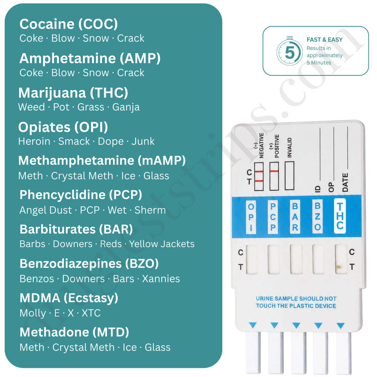 iScreen™ 10 Panel Urine Test Drug Screen Dip Card | Abbott | Amphetamine (AMP)Barbiturates (BAR)Benzodiazepines (BZO)Cocaine (COC)Methamphetamine (MET)MDMA (Ecstasy)Methadone (MTD)Opiates (OPI)Phencyclidine (PCP)Marijuana (THC) | DOA-3104   25/Box