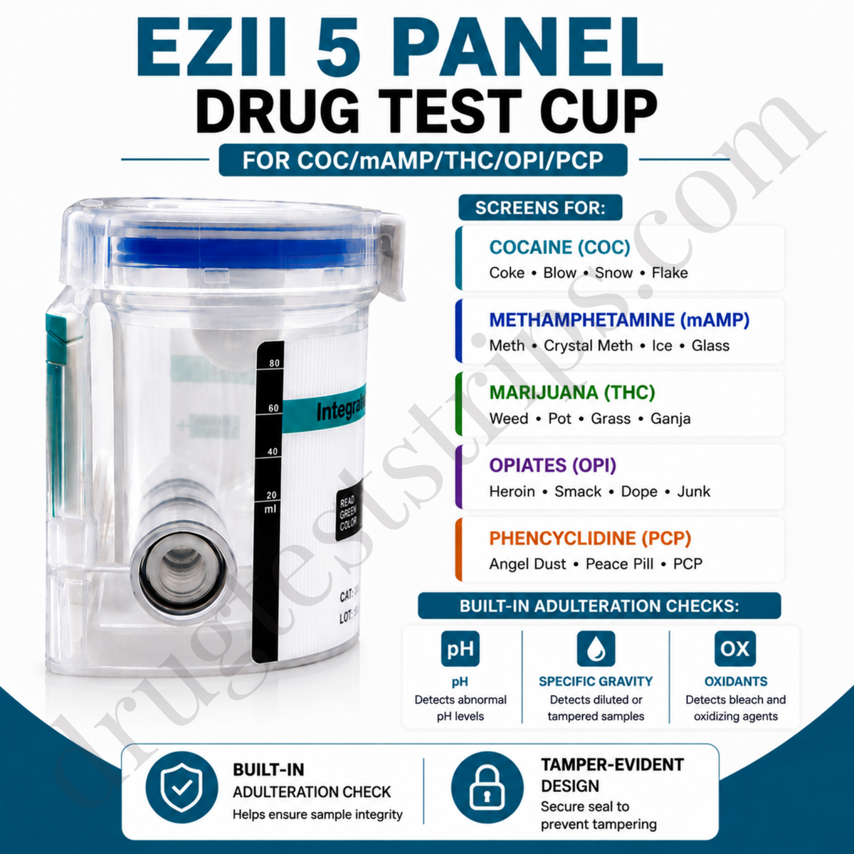 EZII 5 Panel Drug Test Cup for COC/mAMP/THC/OPI/PCP with SVT |  Abbott  DOA-3257-19  25/Box