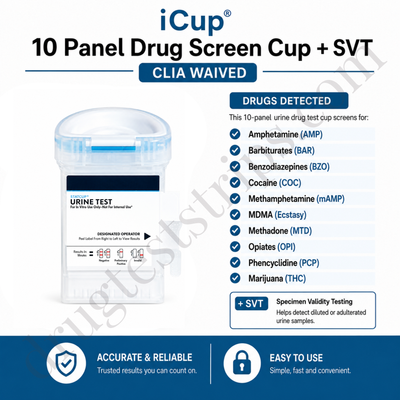 iCup 10 Panel Drug Screen Cup+ SVT) |  Abbott | Amphetamine (AMP) Barbiturates (BAR) Benzodiazepines (BZO) Cocaine (COC) Methamphetamine (mAMP) MDMA (Ecstasy) Methadone (MTD) Opiates (OPI) Phencyclidine (PCP) Marijuana (THC) |  DUA-1107-021-19  25/Box