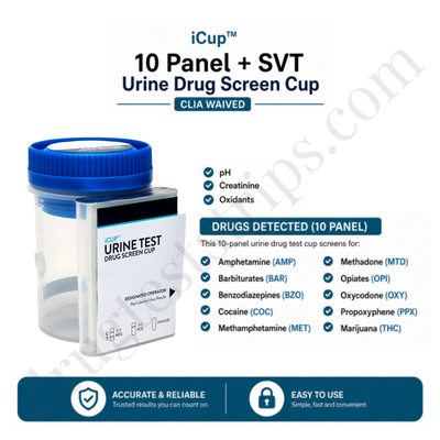 iCup™ 10 Panel + SVT  Urine Drug Screen Cup | Abbott | Amphetamine (AMP) Barbiturates (BAR) Benzodiazepines (BZO) Cocaine (COC) Methamphetamine (MET) Methadone (MTD) Opiates (OPI) Oxycodone (OXY) Propoxyphene (PPX) Marijuana (THC) | I-DUE-1107-141 25/Box