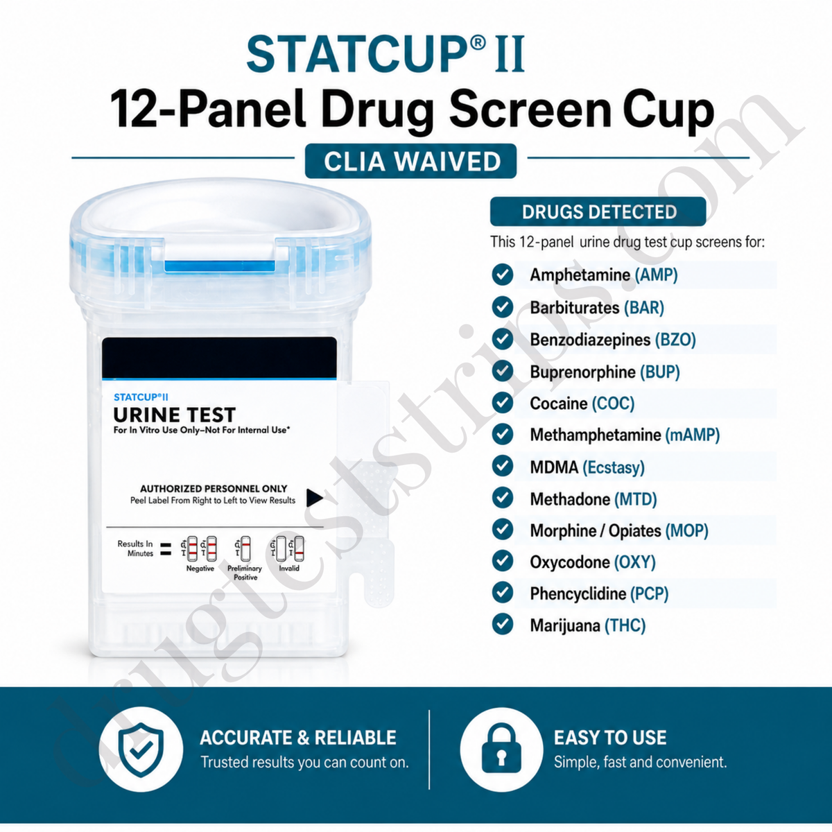 12-Panel STATCUP II for THC/COC/MOR/AMP/MAMP/PCP/BAR/BZO/MTD/MDMA/OXY/BUP |  MD  STATII-71127-0  25/Box