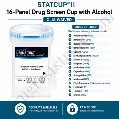16-Panel STATCUP II with Alcohol |  MD | AMP, BAR, BUP, BZO, COC, mAMP, MDMA, MOR, MTD, OXY, PCP, THC, EtG, FTY, TRA, KRA, CR, pH, OX | STATII-91167-0-A   25/Box