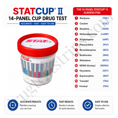 STATCUP II 14-Panel Cup Drug Test |  MD | THC, COC, MOR, mAMP, AMP, PCP, BZO, BAR, MTD, MDMA, OXY, BUP, TRA, FEN, CR, pH, OX |  STATII-93147-A-CR  25/Box